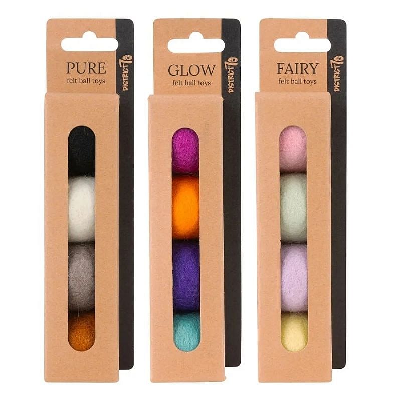 felt ball toys, multicolor, packaging, cardboard case, 3-pack