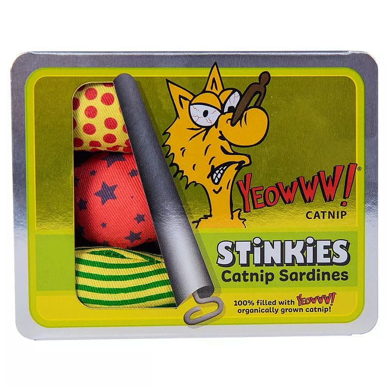 catnip sardines, tin packaging, colored ribbons, cat accessory, fish bait
