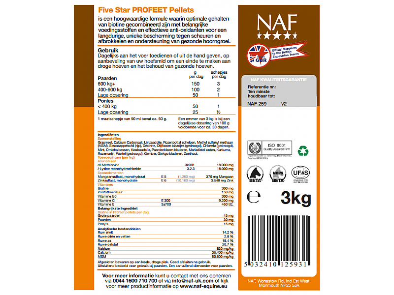 NAF ProFeet Pellets 3 kg – Hoefsupplement met biotine en MSM voor paarden