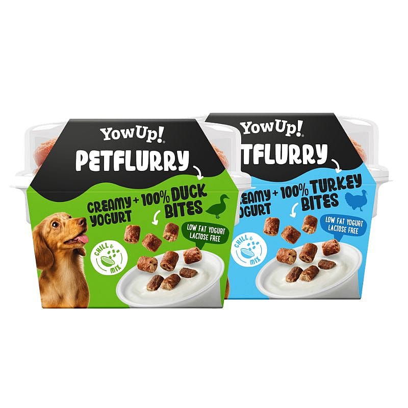 dog food, yogurt, duck bites, green packaging, crunchy snacks