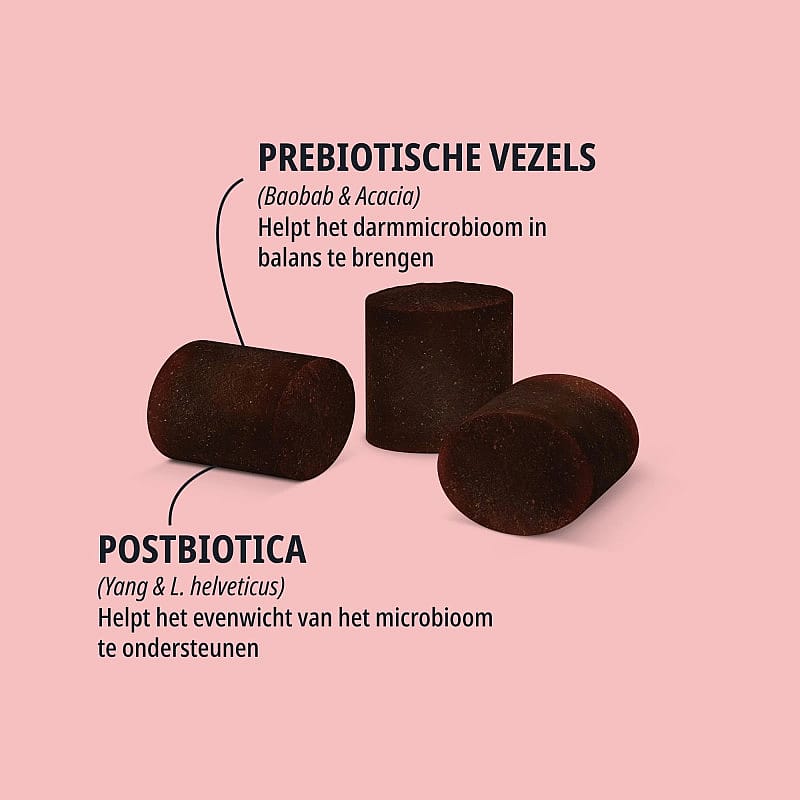 prebiotische vezels, postbiotica, kubusvorm, donkerbruin, tabletblok