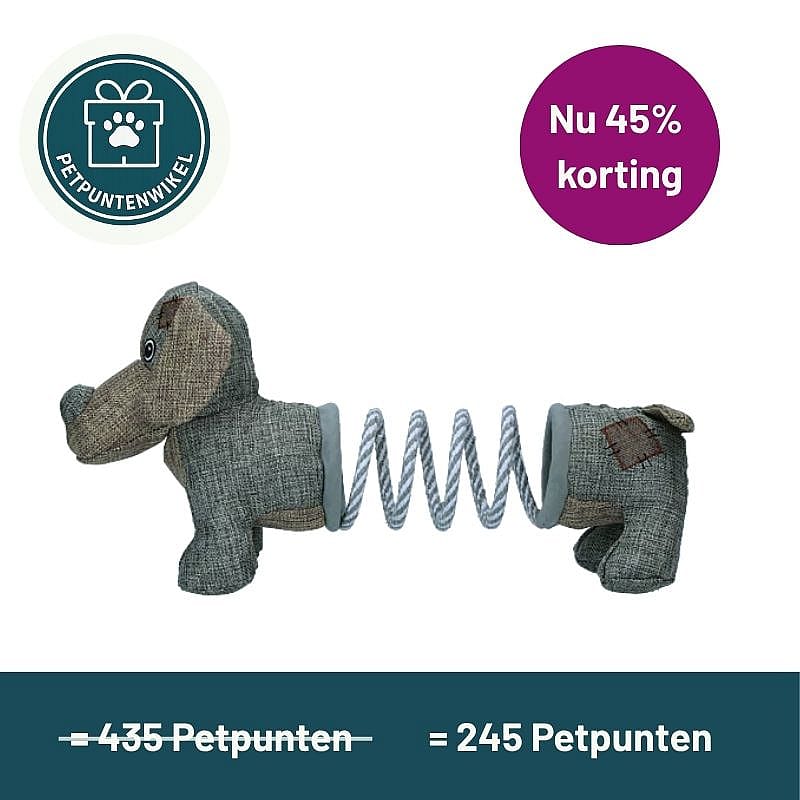 plush-dog, dog-toy, spring-rod, gray, corrugate-fabric
