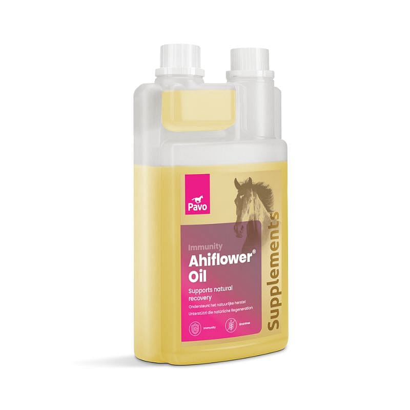 Paardensupplement, Ahiflowerolie, Vloeibaar supplement, Gele vloeistof, Doseerfles