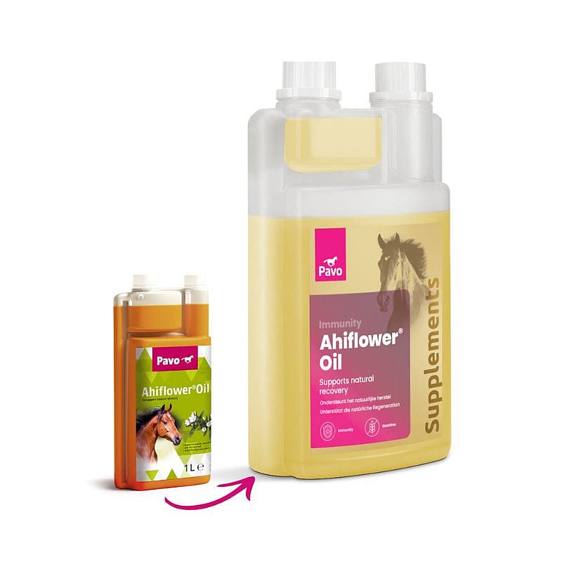 Paardensupplement, Ahiflowerolie, Vloeibare olie, Gele vloeistof, Doseerfles