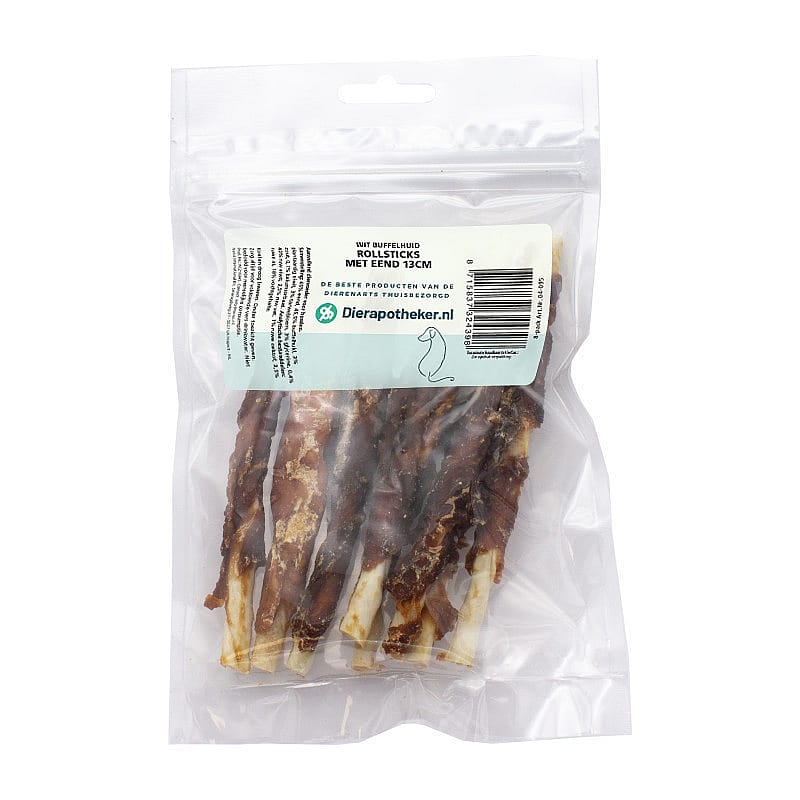 Dierapotheker Rollsticks Wit Buffelhuid met Eend 13 cm 8 stuks
