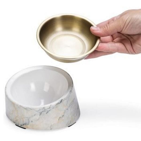 Designed by Lotte Melamine Eet- of Drinkbak Vita Kat Beige - Mat gouden RVS eetbak