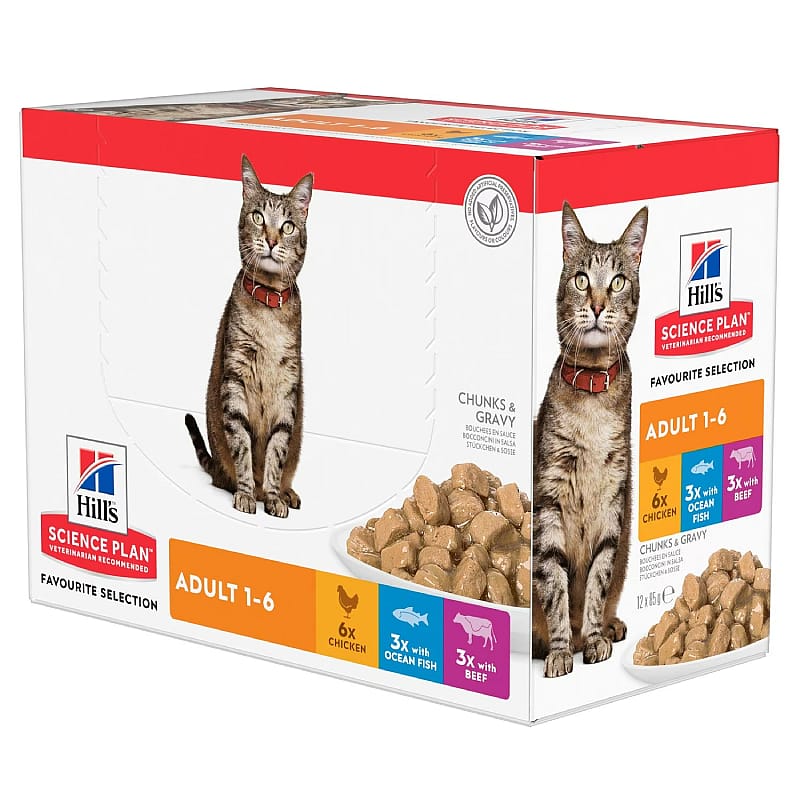 Hill's Science Plan Adult Kattenvoer Maaltijdzakjes Multipack met Kip Rund & Zeevis 12 x 85 gram