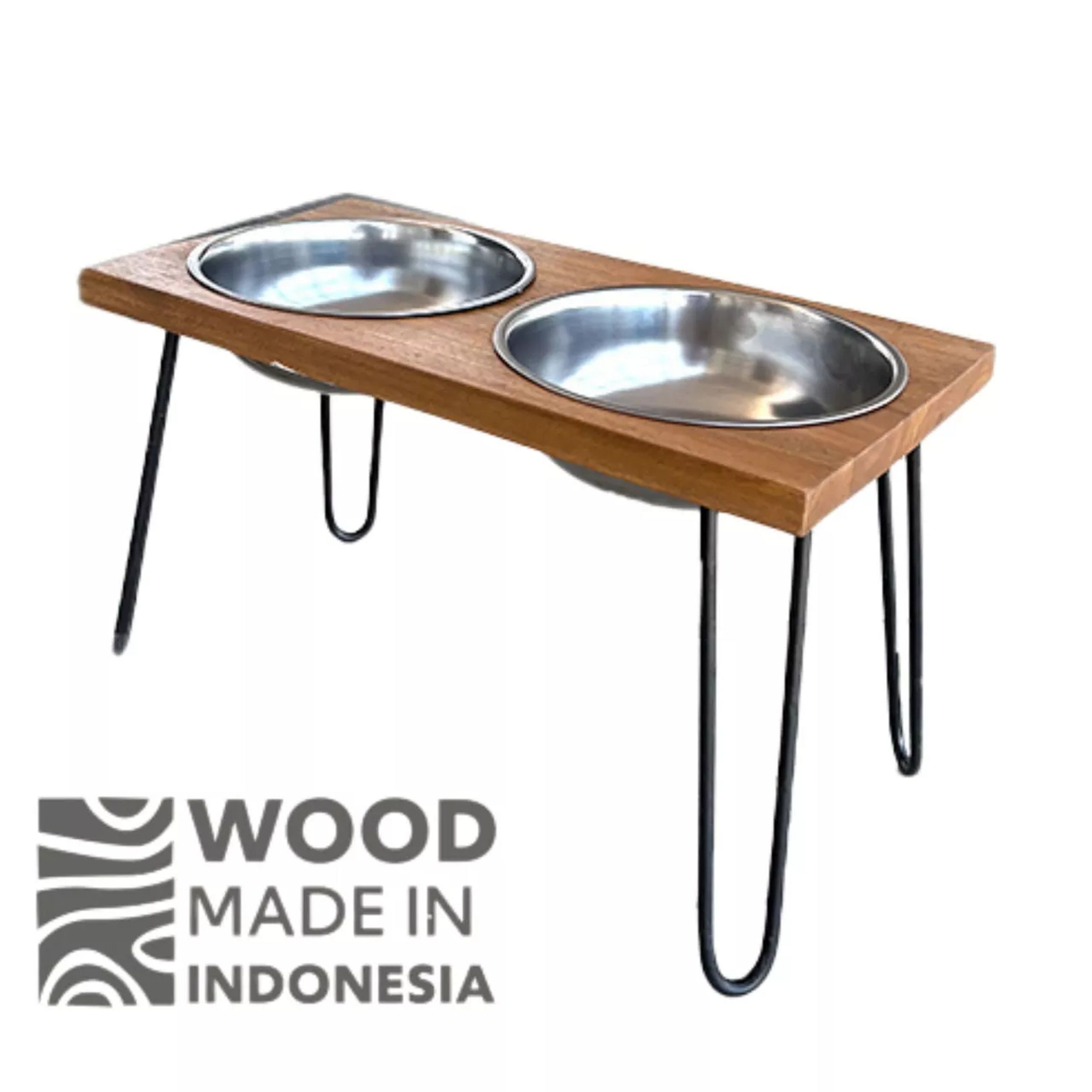 eetbak, hondenvoerbak, dubbel, roestvrijstalen, hout