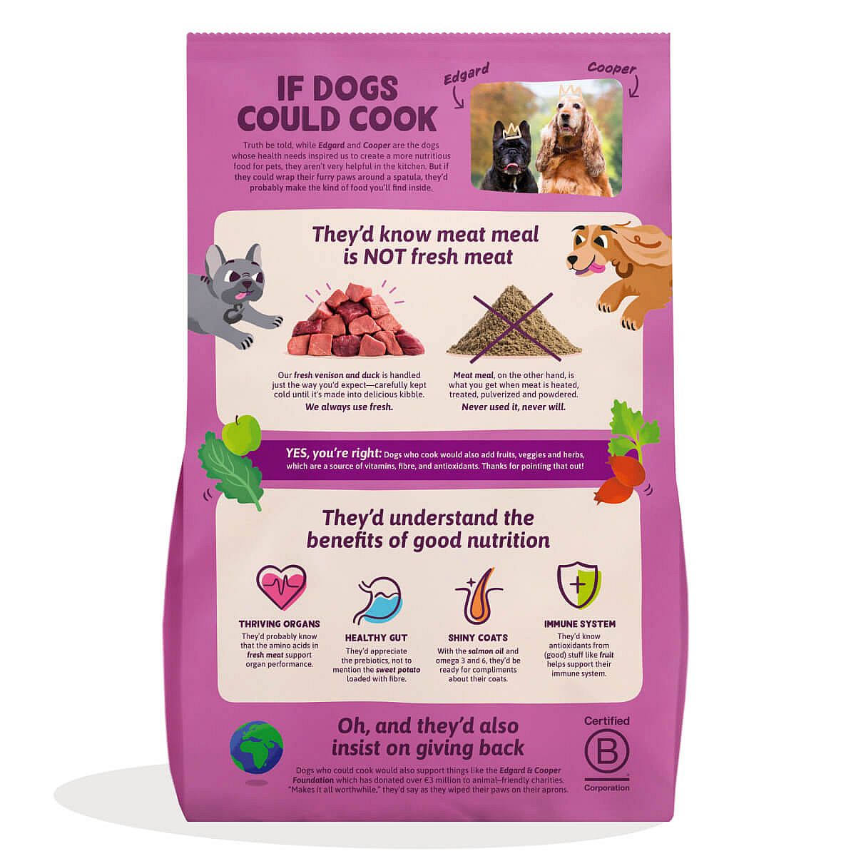 dog food, kitten cartoon, purple bag, meat kibble, nutrition chart, voer voor honden, droogvoer, satéltablet, rood-paarse verpakking, kinderlijk illustraties