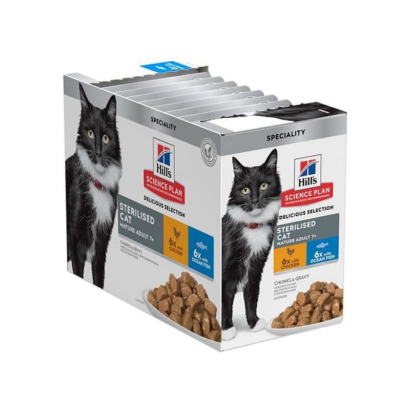 Hill's Science Plan Sterilised Mature Adult 7+ Kat 12 x 85 gram maaltijdzakjes - Kip & Vis