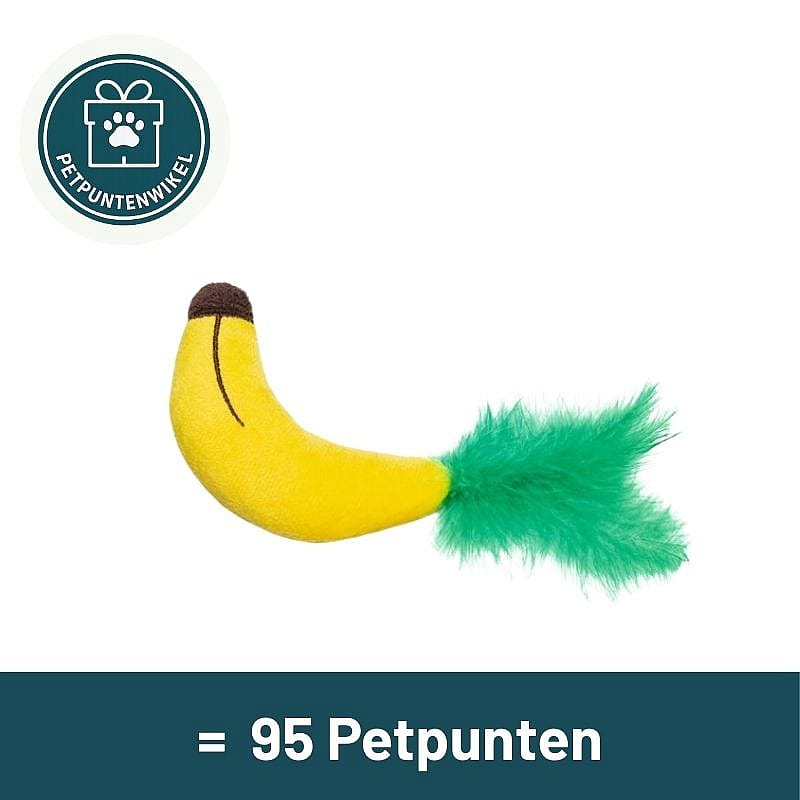 banana toy, dog toy, plush, feather tail, bright yellow