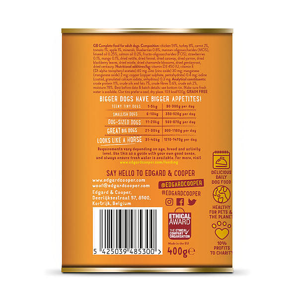 Edgard & Cooper Adult Hondenvoer Blikjes Kip & Kalkoen 6 x 400 gram