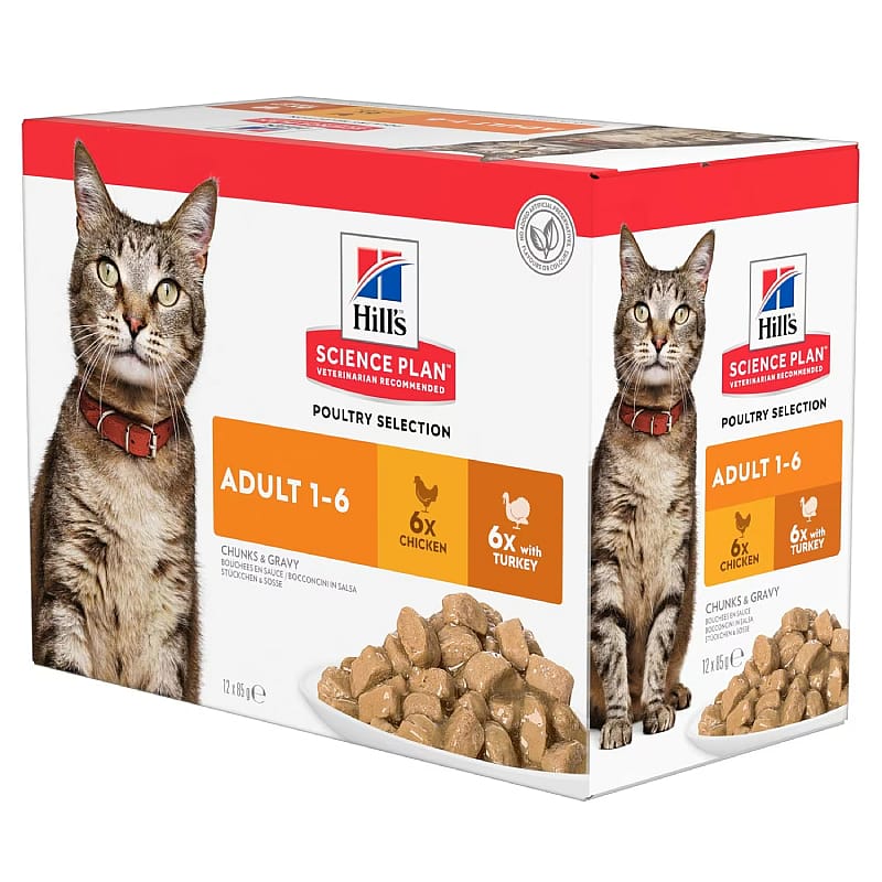 Hill's Science Plan Adult Kattenvoer Maaltijdzakjes Multipack met Kip & Kalkoen 12 x 85 gram