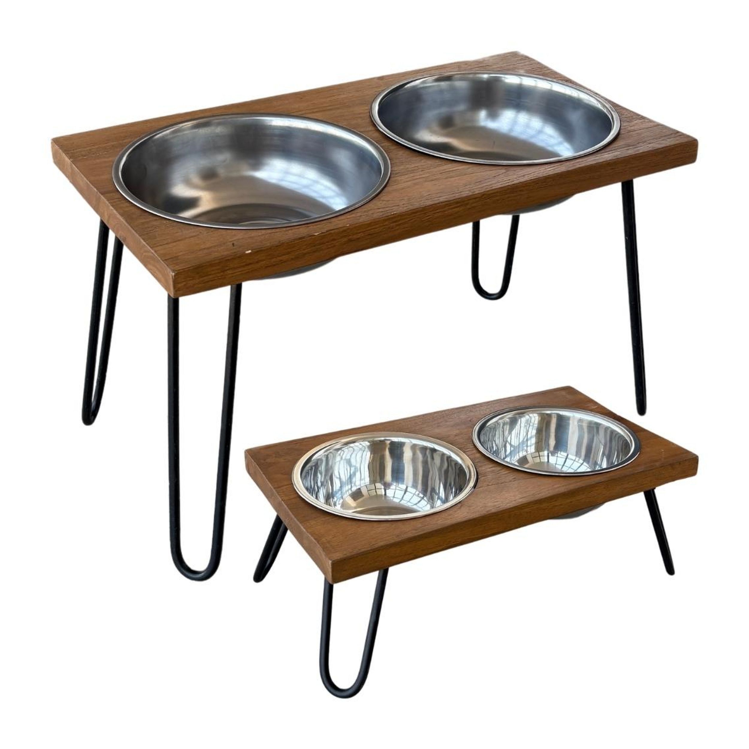 eetbak, hondenvoerbak, dubbel, roestvrijstalen, hout