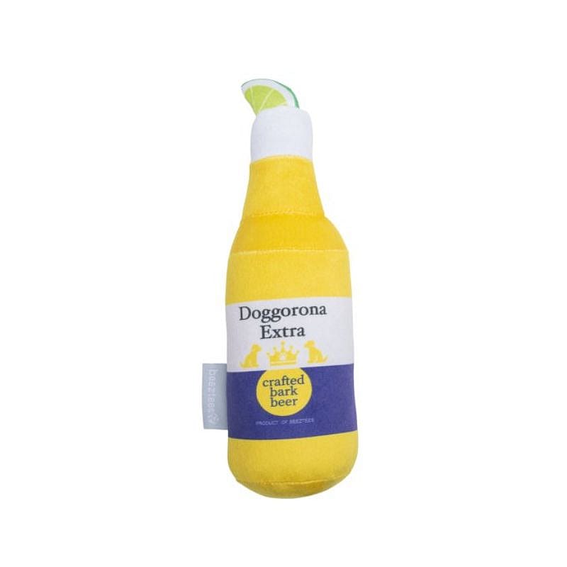 dog toy, squeaky bottle, yellow bottle, rubber toy, craft beer label