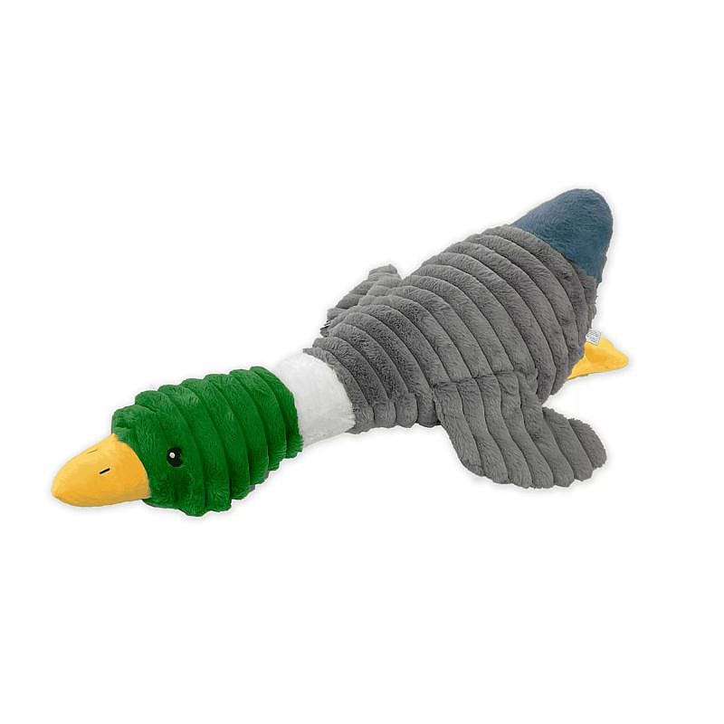pluchen dier, vleugelvogel, kussenvorm, grijze vacht, groen kop