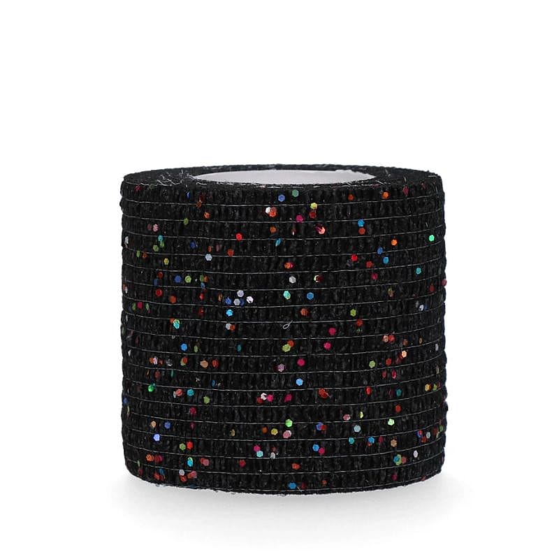 black ribbon, glitter specks, multicolor dots, sparkly trim, rolled ribbon