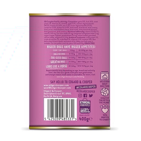 Edgard & Cooper Adult Hondenvoer Blikjes Wild en Eend 6 x 400 gram