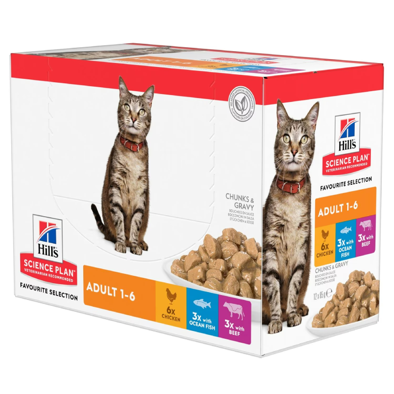 Hill's Science Plan Adult Kattenvoer Maaltijdzakjes Multipack met Kip Rund & Zeevis 12 x 85 gram