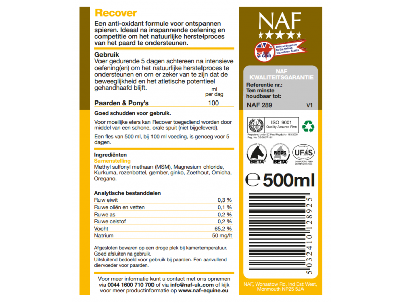 NAF Recover 500 ml – Vloeibaar supplement voor herstel na inspanning bij paarden