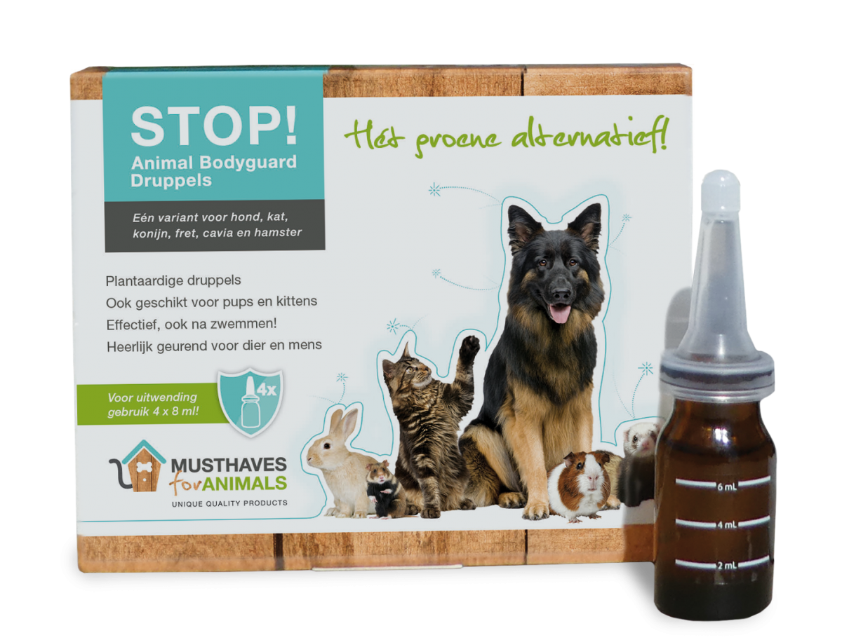 STOP Animal Bodyguard Aromatherapie 4 Flesjes, Hond, Huisdier, Duitse herder, Advertentie, Kat